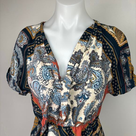 H&M Multicolor Handkerchief Scarf Paisley Tie V-Neck Short Sleeve Mini Dress 2 - Picture 4 of 8